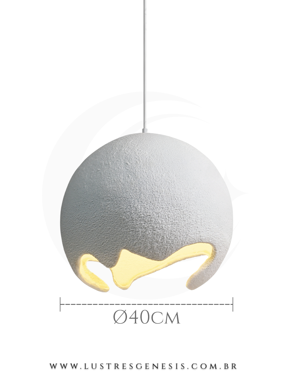 Pendente moderno de resina branco Dino com 40cm de diâmetro, ideal para mesa de cabeceira, bancada de cozinha e lavabo